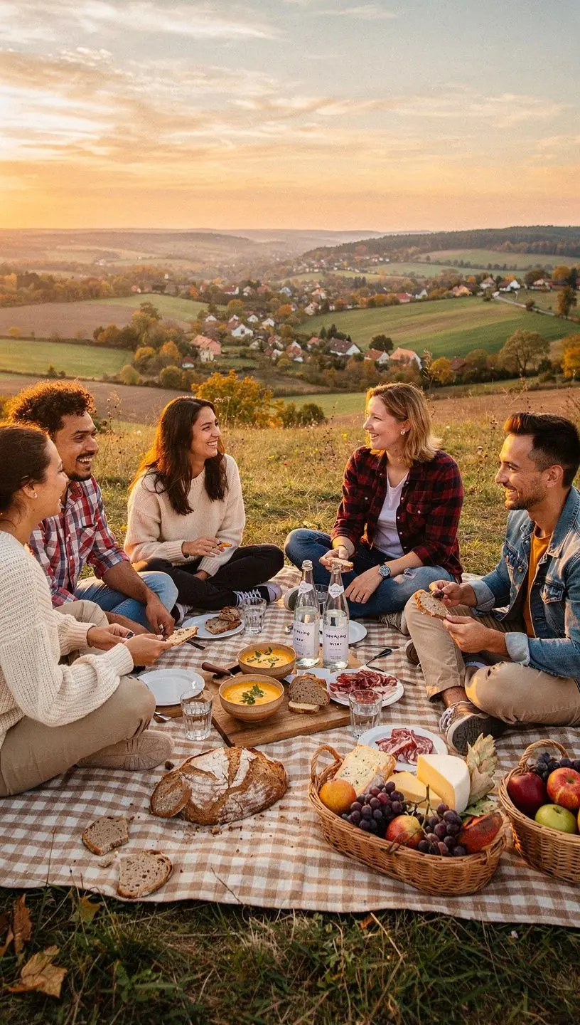 skupina lidГ­ pЕ™i vaЕ™enГ­ na farmД›, obklopeni ДЌerstvГЅmi surovinami